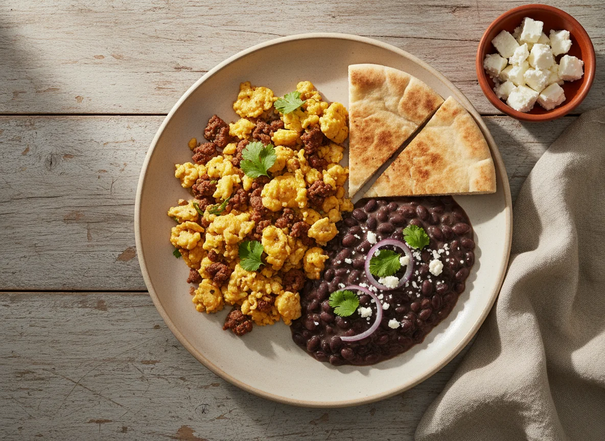 Desayuno con huevos revueltos y frijoles photo