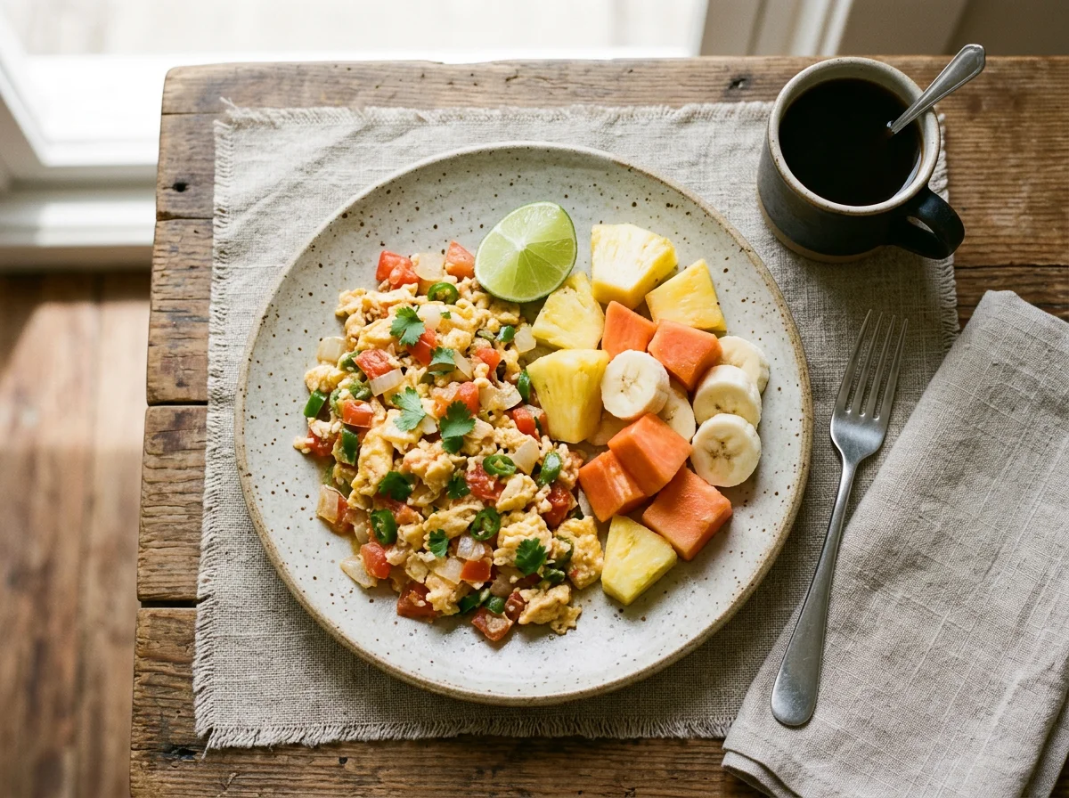 Desayuno con huevos revueltos y fruta photo