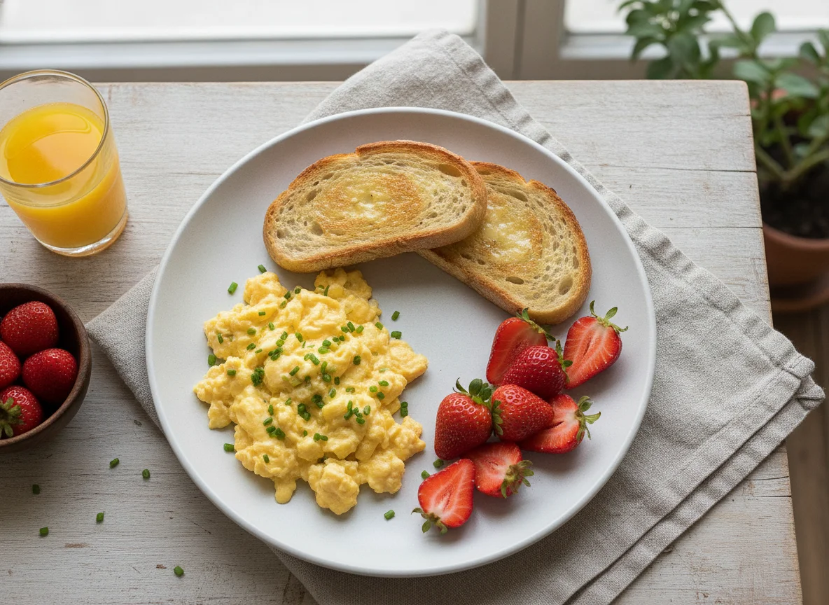 Desayuno con huevos revueltos y frutas photo
