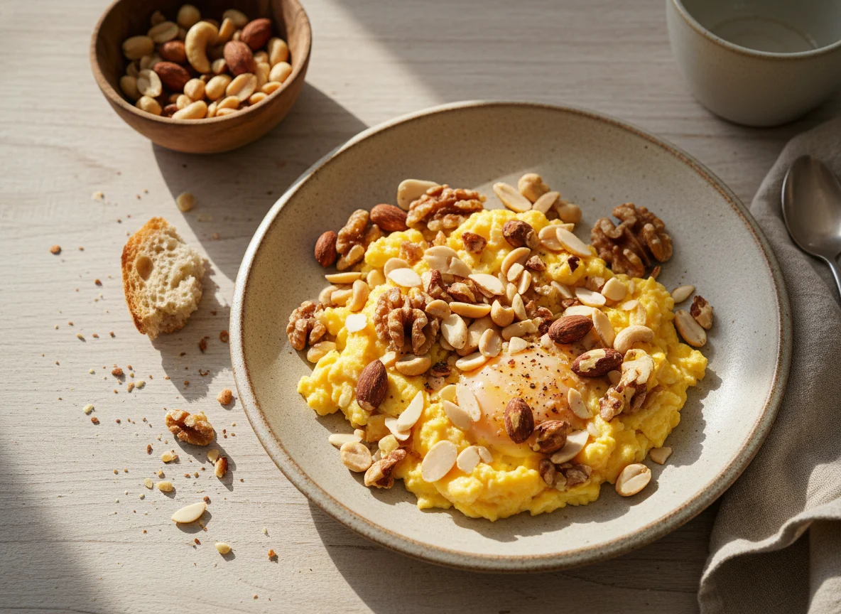 Desayuno con huevos revueltos y frutos secos photo