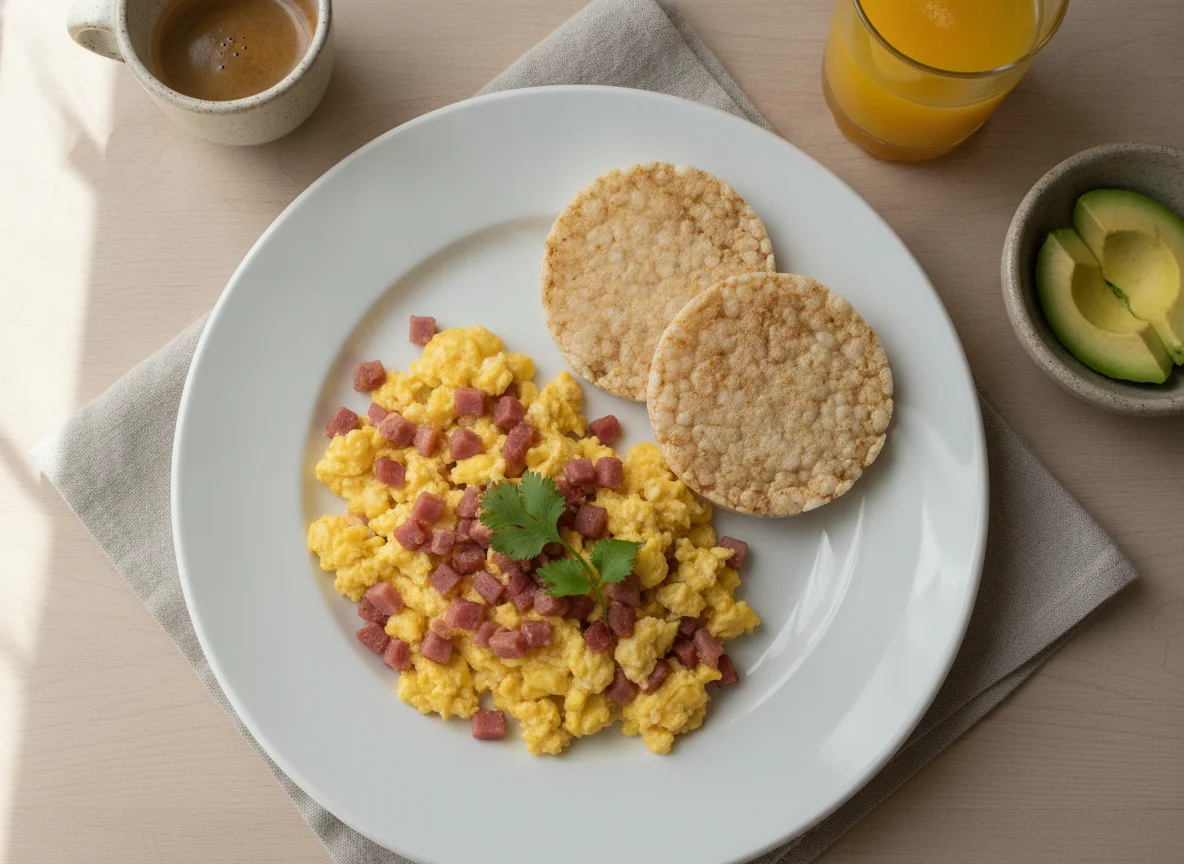 Desayuno con huevos revueltos y galleta de arroz photo