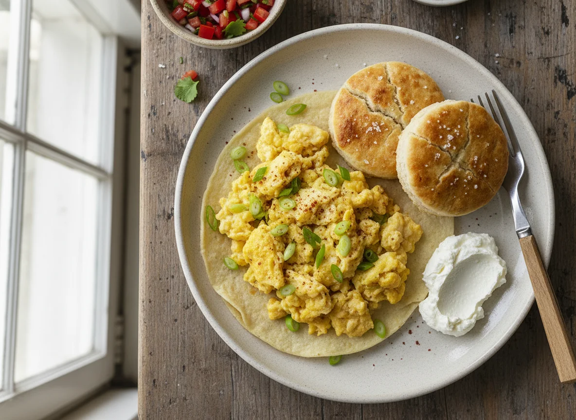 Desayuno con huevos revueltos y galletas photo