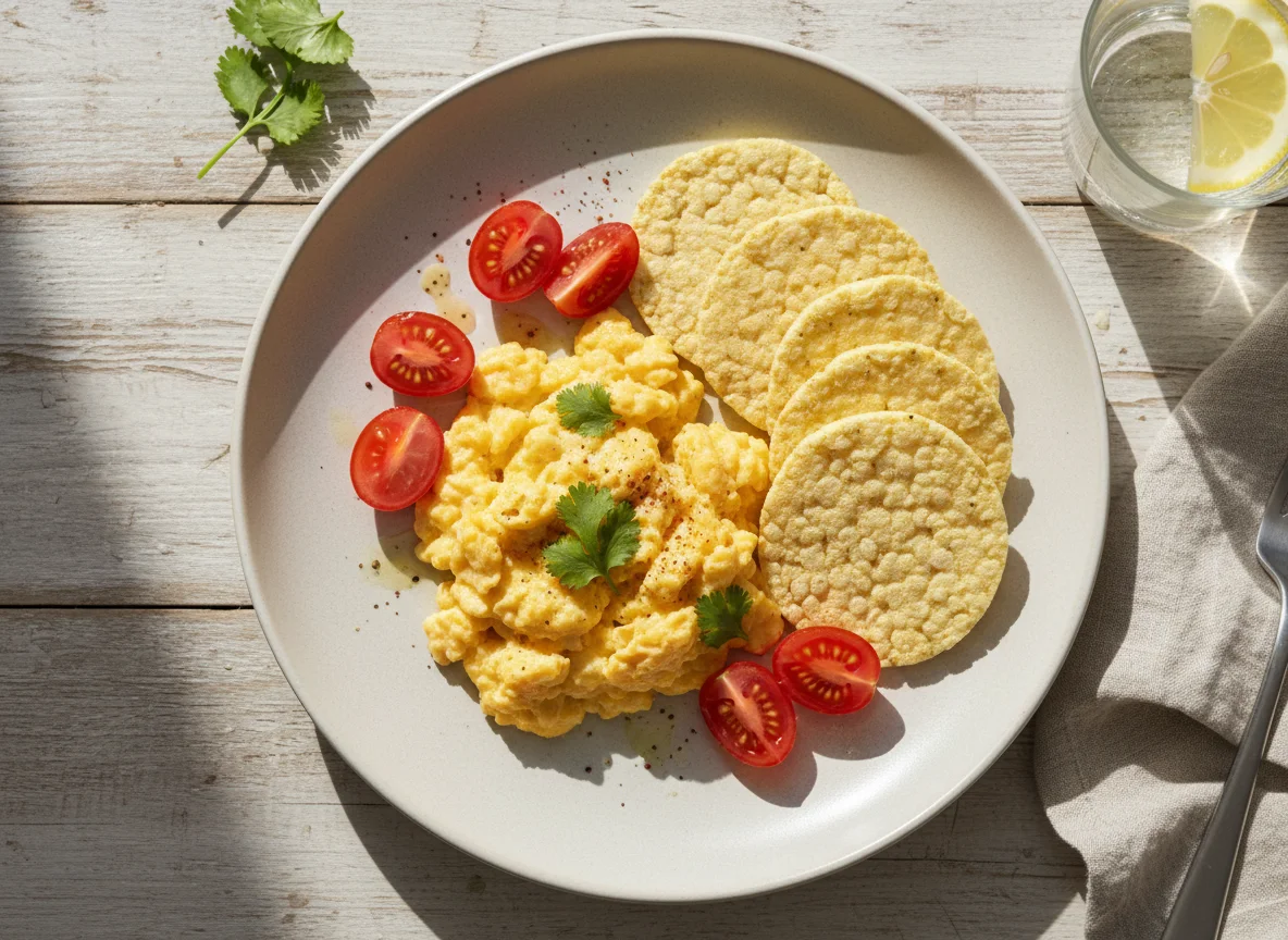 Desayuno con huevos revueltos y galletas de arroz photo