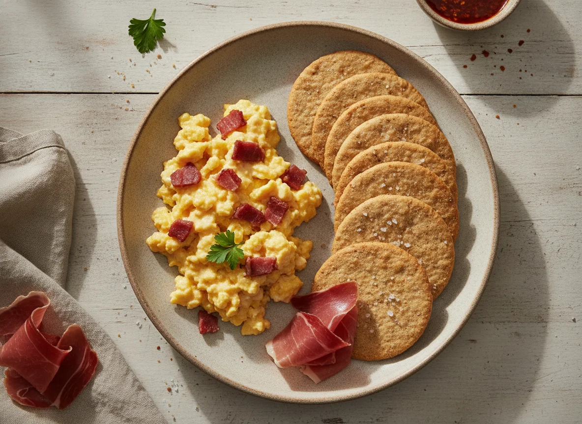 Desayuno con huevos revueltos y galletas saladas photo