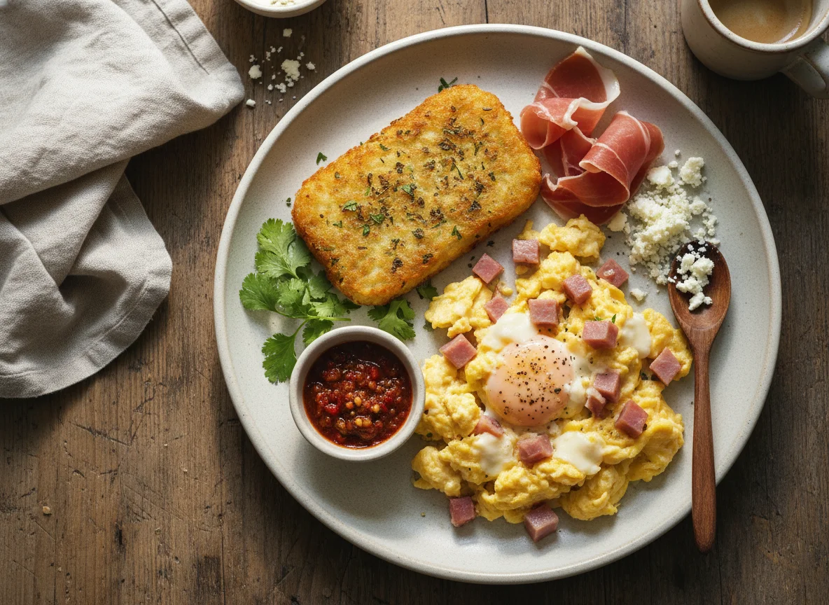 Desayuno con huevos revueltos y hash browns photo