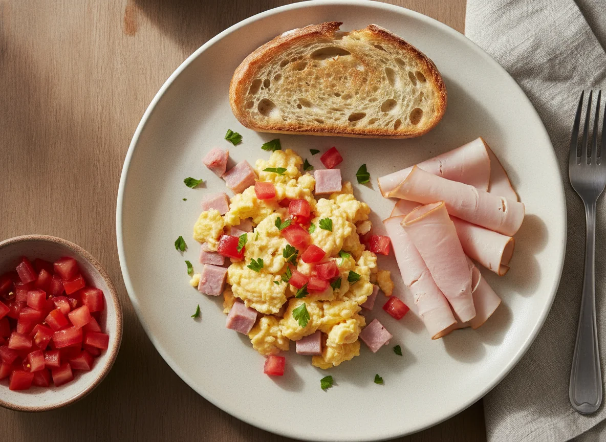 Desayuno con huevos revueltos y jamón photo