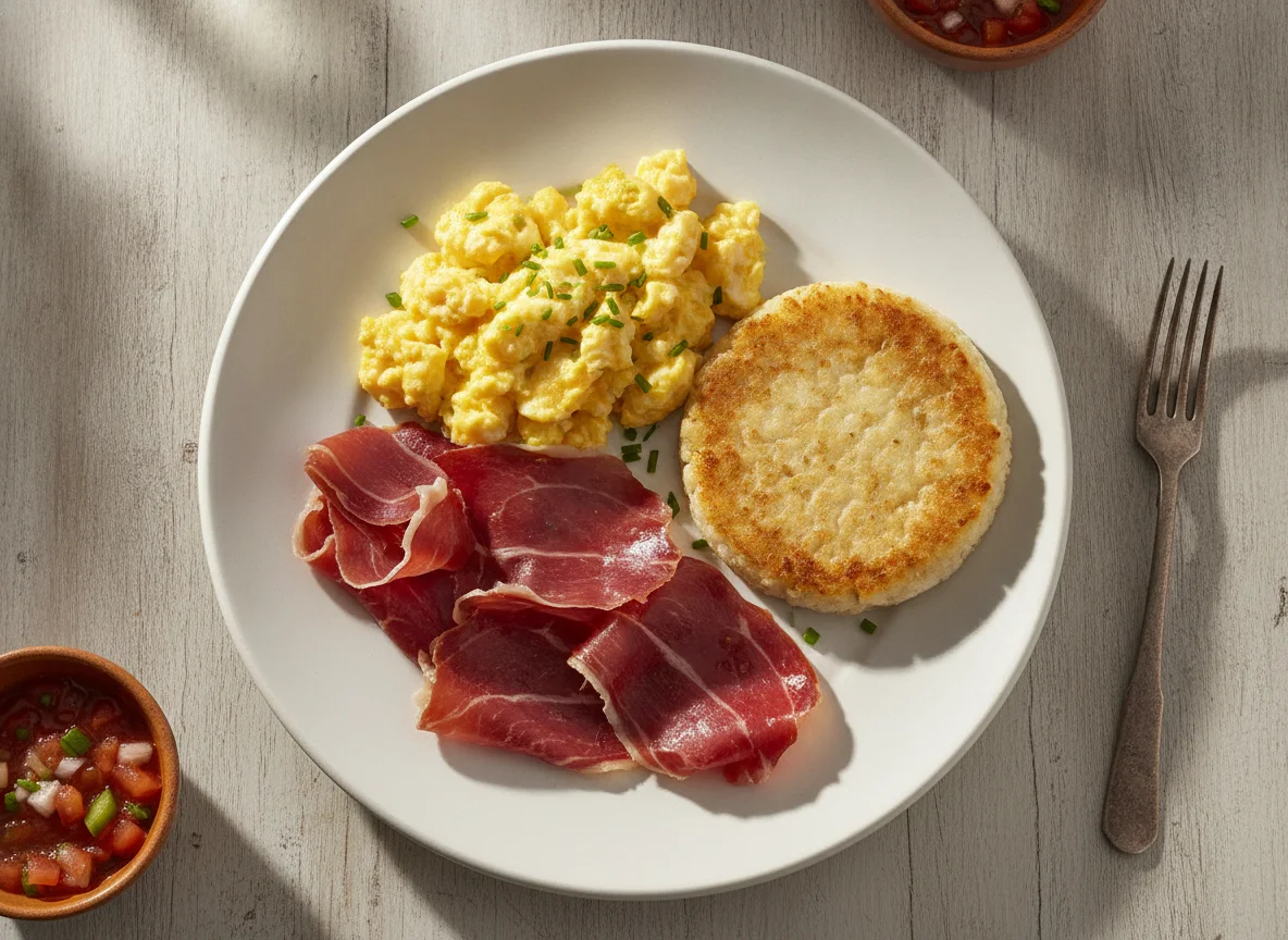 Desayuno con huevos revueltos y jamón serrano photo