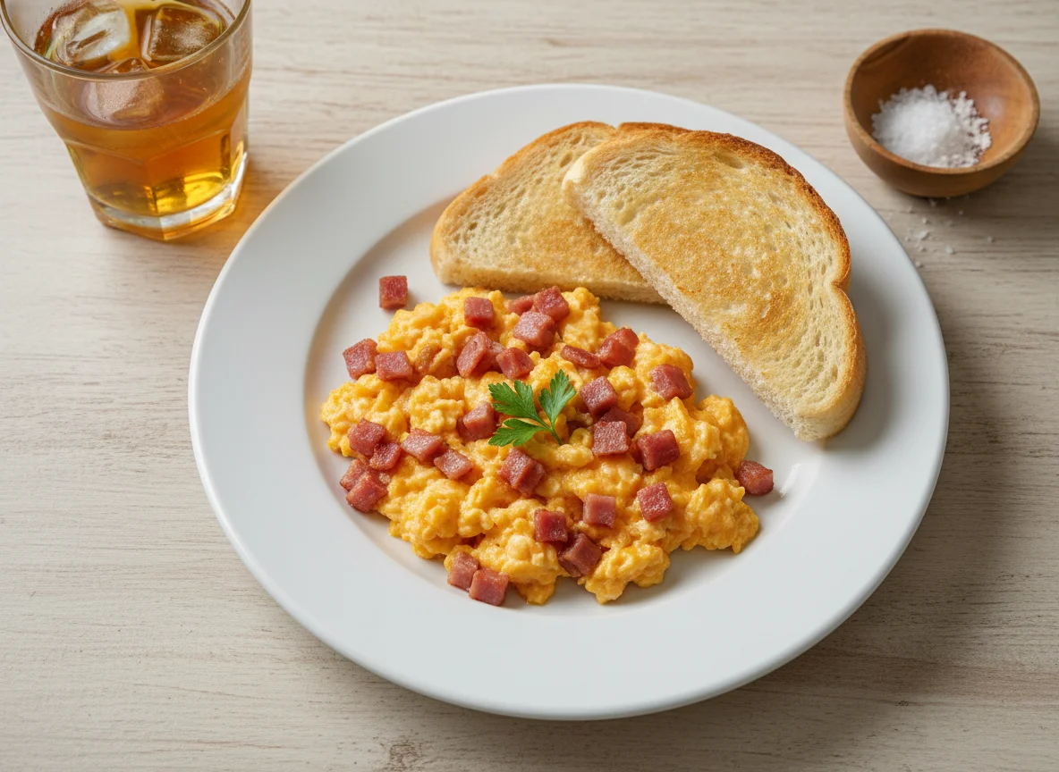 Desayuno con huevos revueltos y jugo de manzana photo