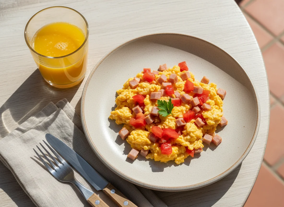 Desayuno con huevos revueltos y jugo de naranja photo