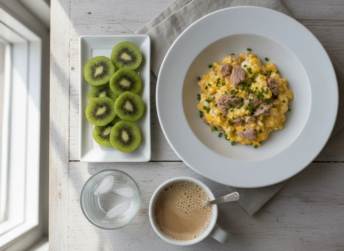 Desayuno con huevos revueltos y kiwi photo