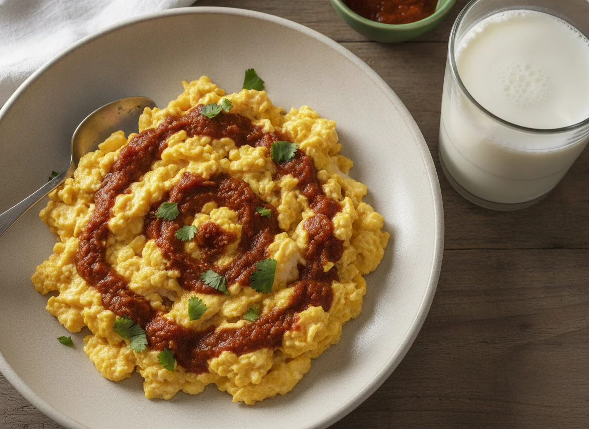 Desayuno con huevos revueltos y leche photo