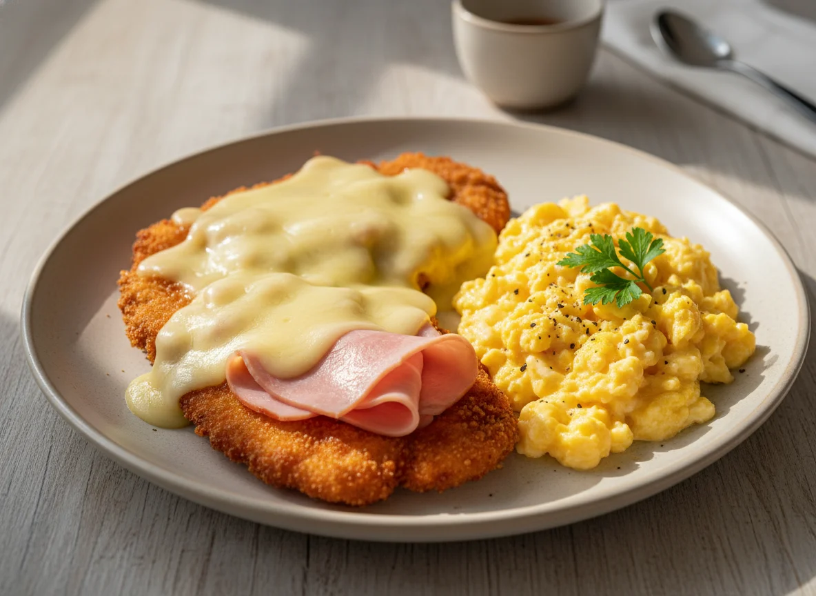 Desayuno con huevos revueltos y milanesa photo