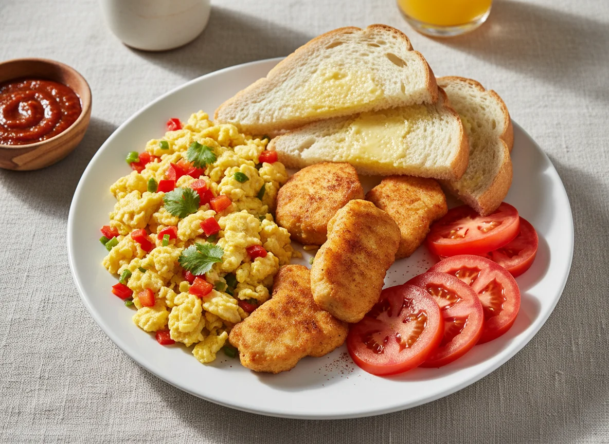Desayuno con huevos revueltos y nuggets photo