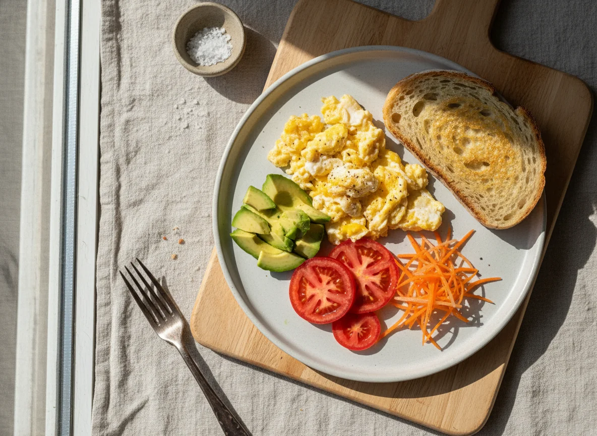 Desayuno con huevos revueltos y palta photo