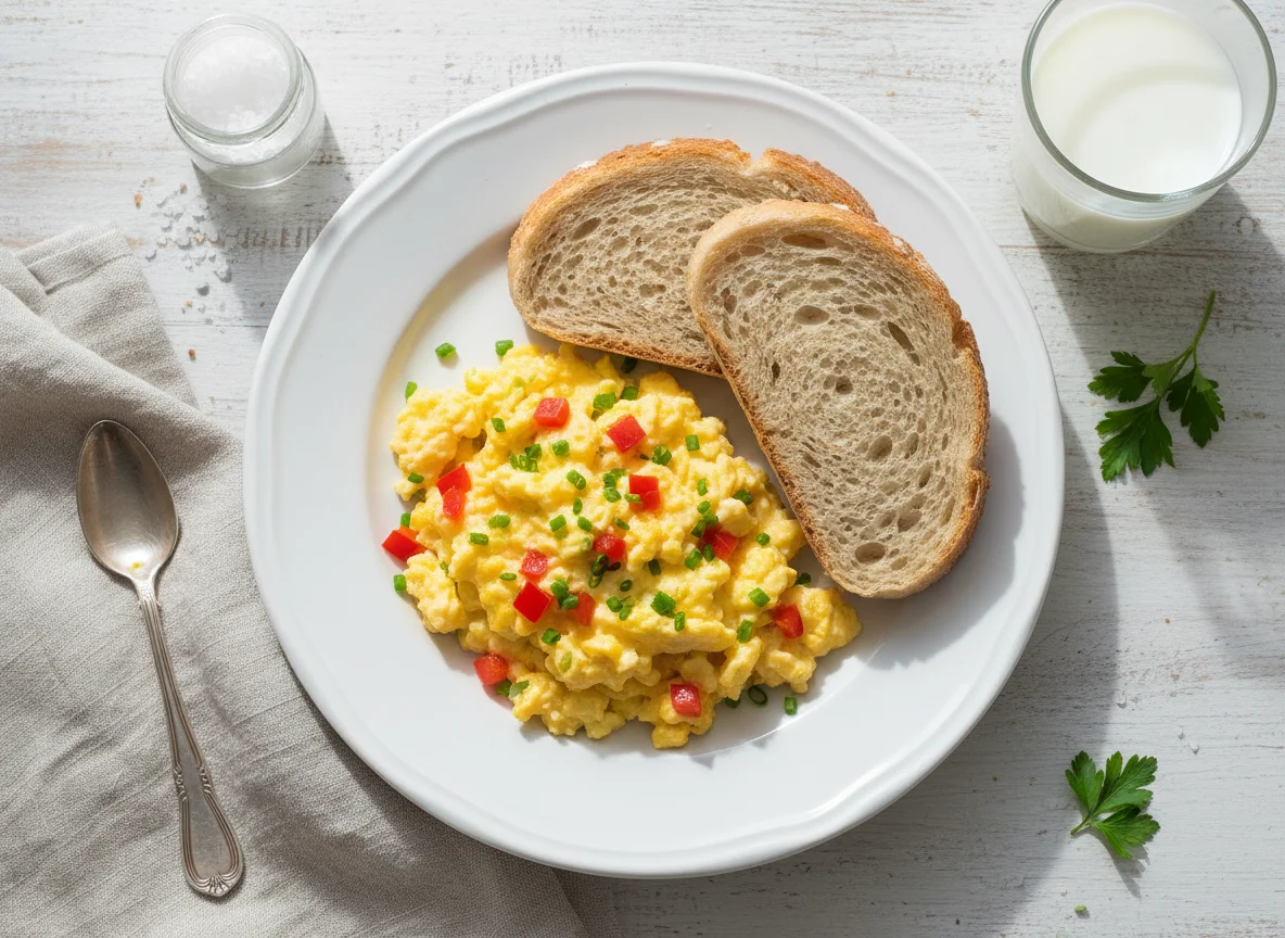 Desayuno con huevos revueltos y pan photo