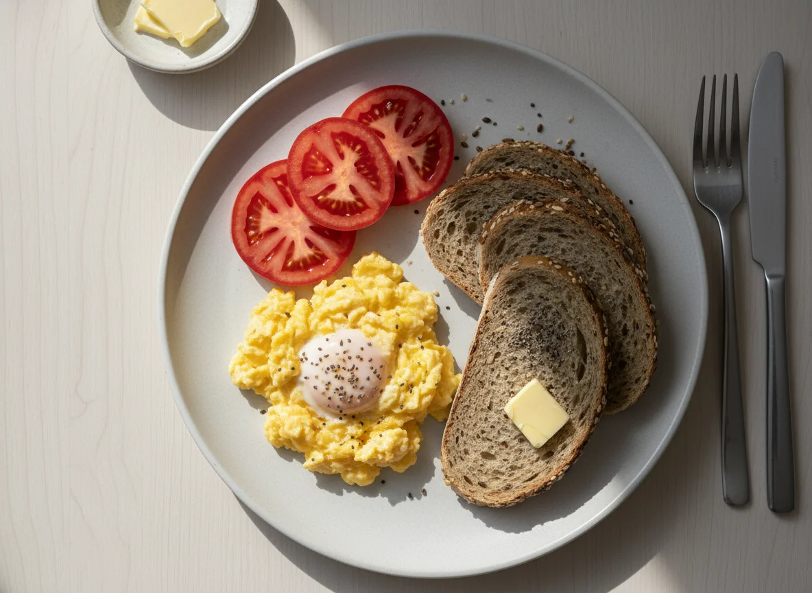 Desayuno con huevos revueltos y pan integral photo