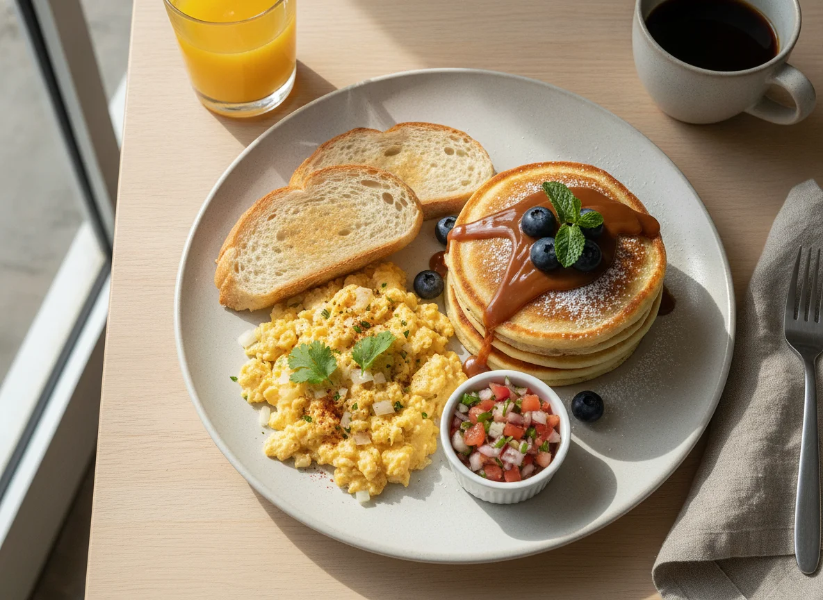 Desayuno con huevos revueltos y panqueques photo