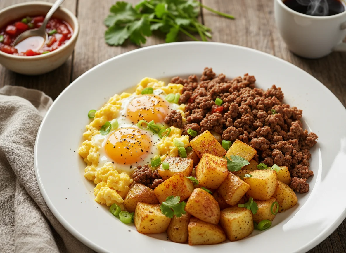 Desayuno con huevos revueltos y papas con carne photo