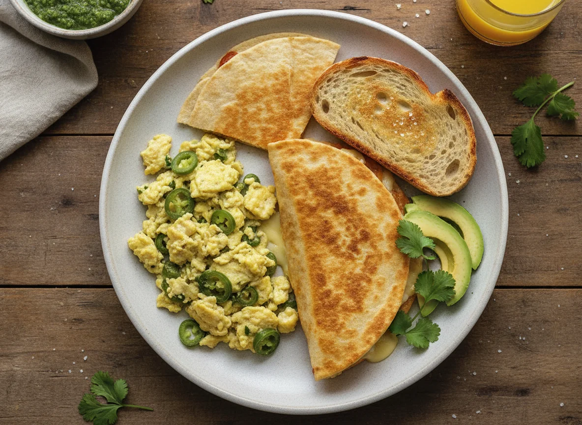 Desayuno con huevos revueltos y quesadilla photo