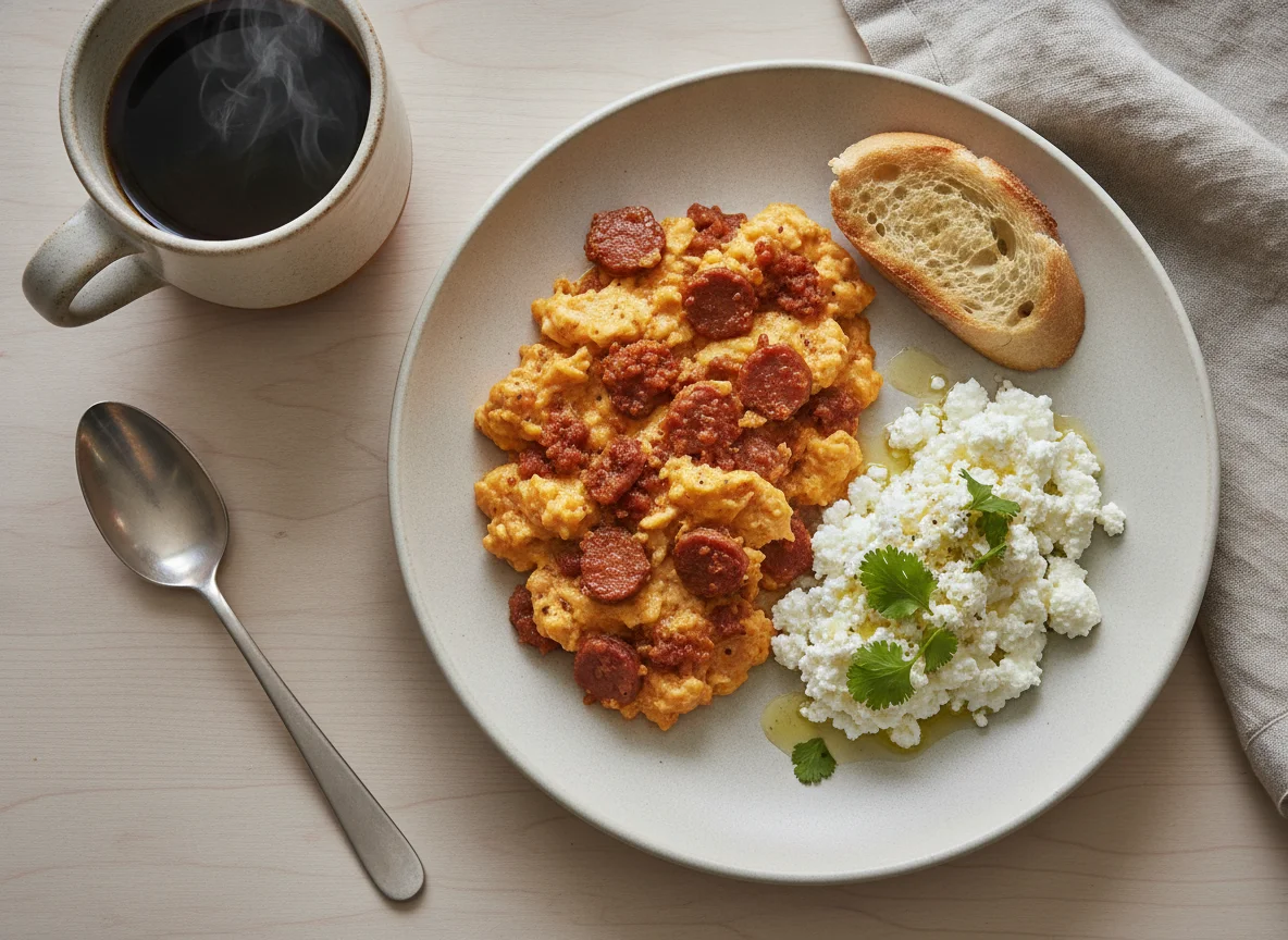 Desayuno con huevos revueltos y queso cottage photo