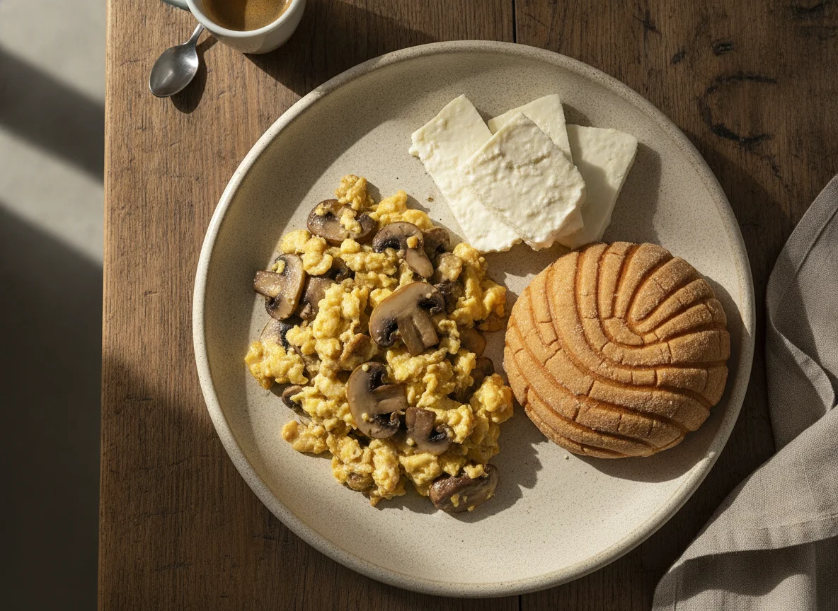 Desayuno con huevos revueltos y queso photo