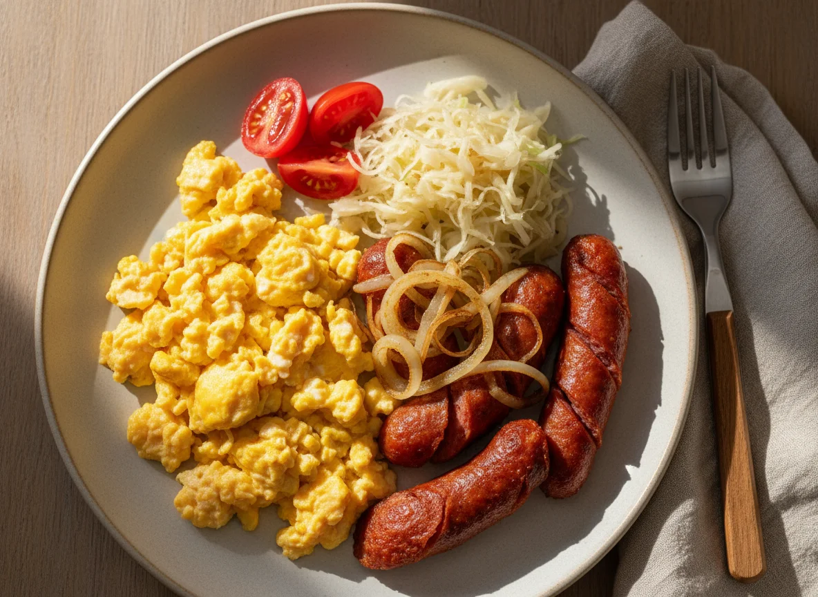 Desayuno con huevos revueltos y salchicha photo