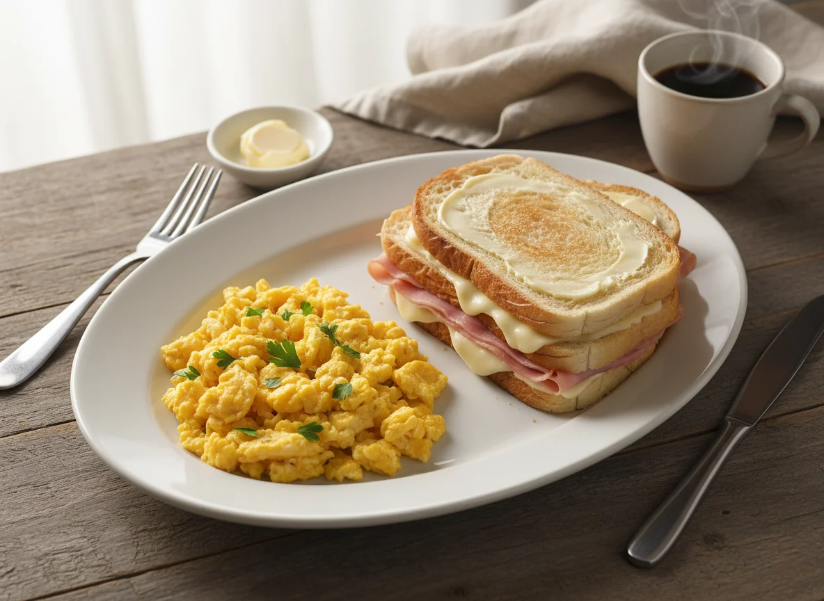 Desayuno con huevos revueltos y sándwich photo