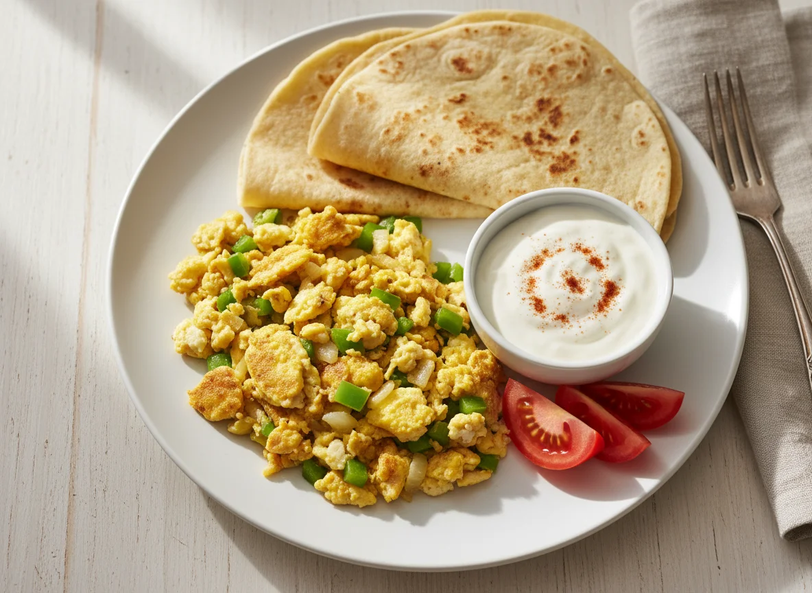 Desayuno con huevos revueltos y tortilla photo