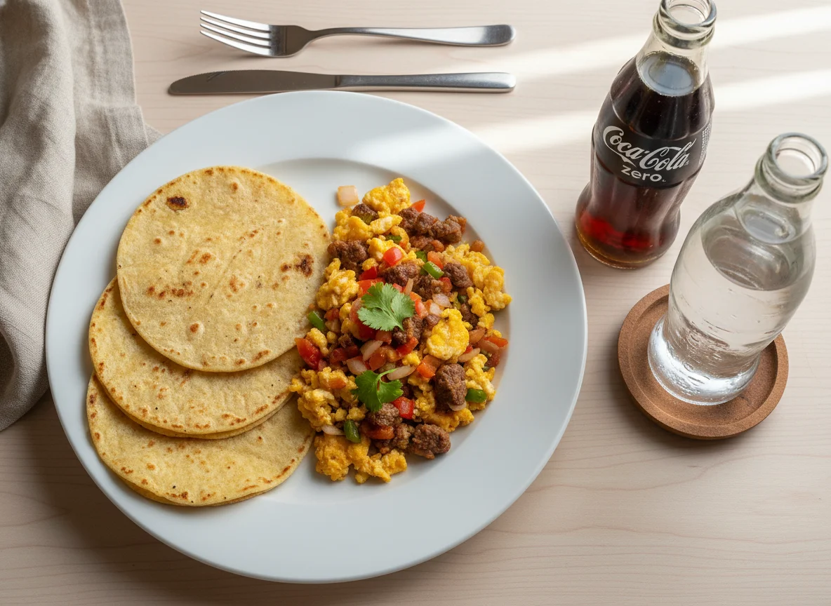 Desayuno con huevos revueltos y tortillas photo
