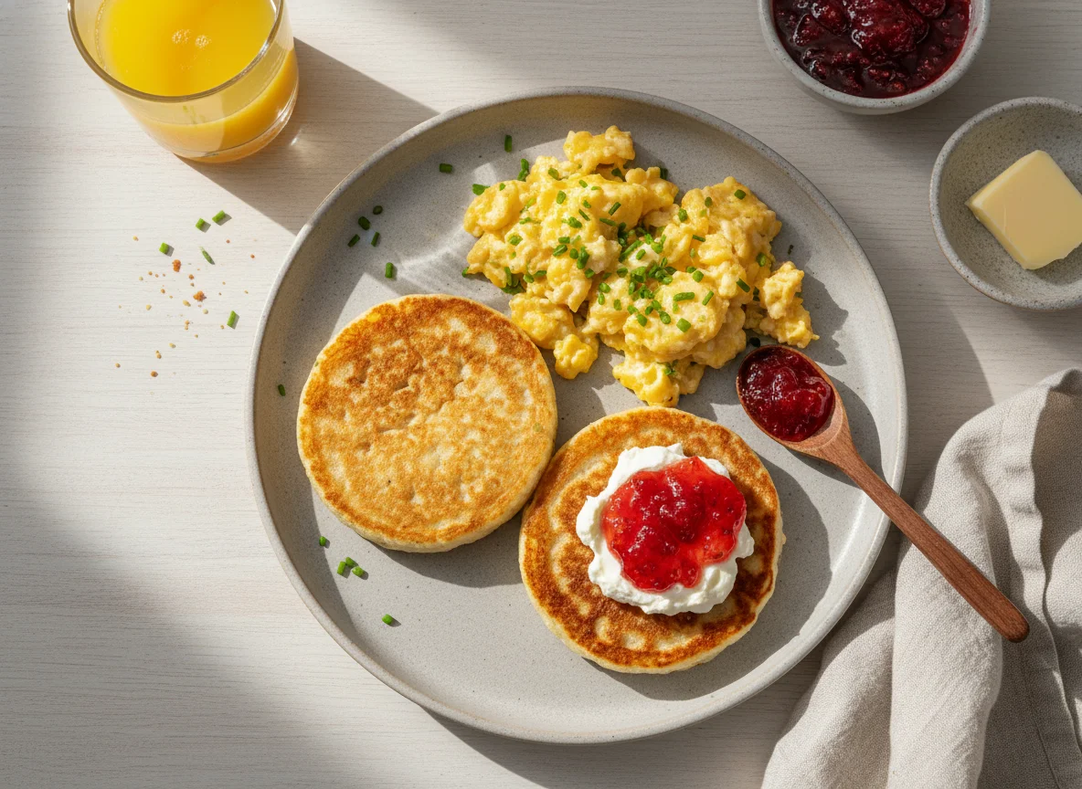 Desayuno con huevos revueltos y tortitas de arroz photo