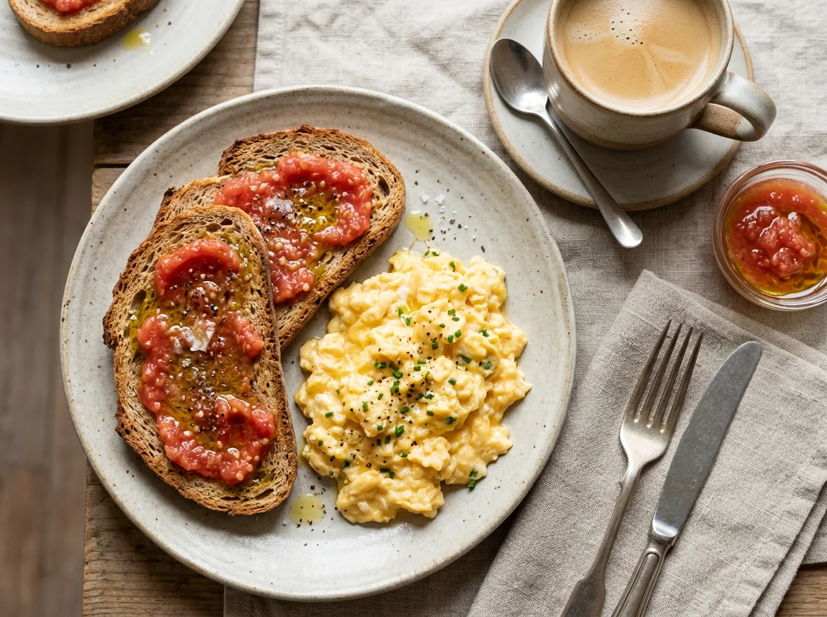 Desayuno con huevos revueltos y tostada photo