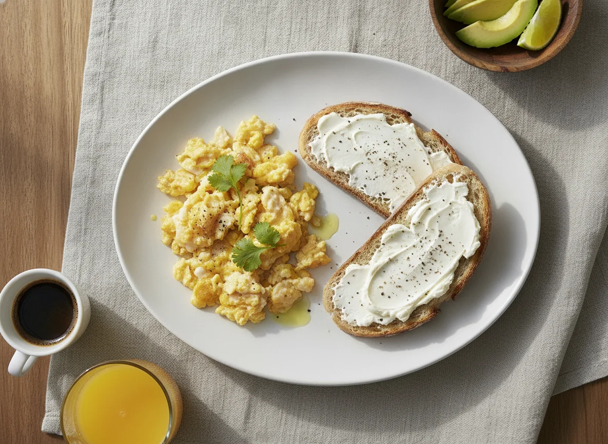 Desayuno con huevos revueltos y tostada con queso crema photo