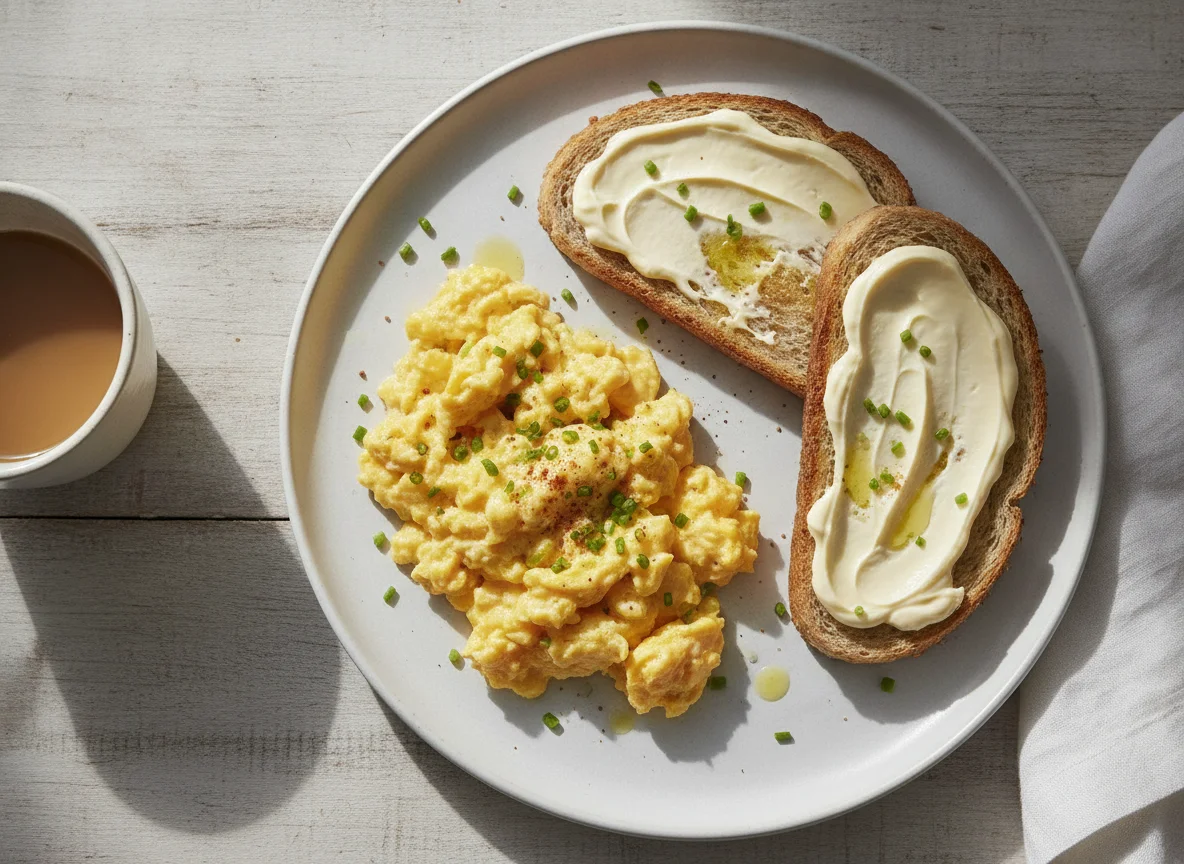 Desayuno con huevos revueltos y tostadas con mayonesa photo