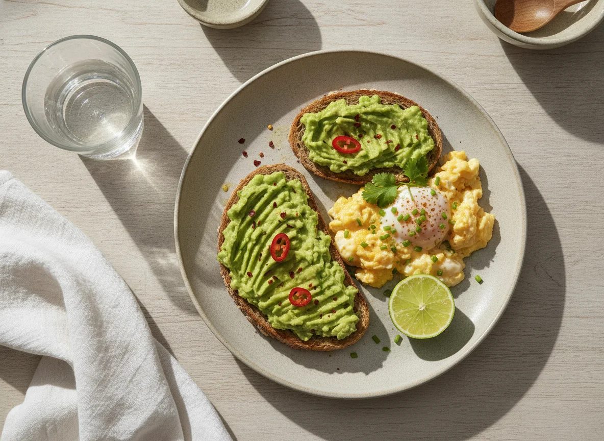 Desayuno con huevos revueltos y tostadas con palta photo