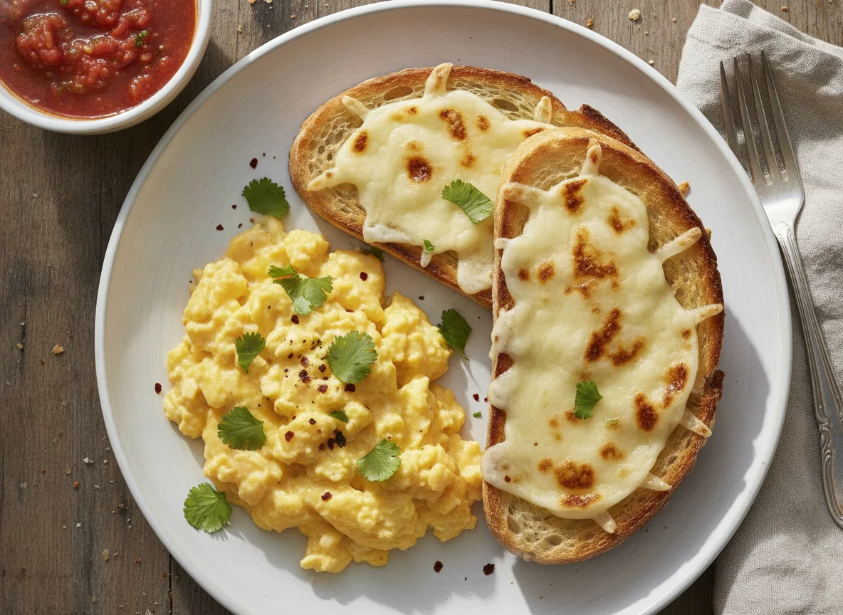 Desayuno con huevos revueltos y tostadas con queso photo