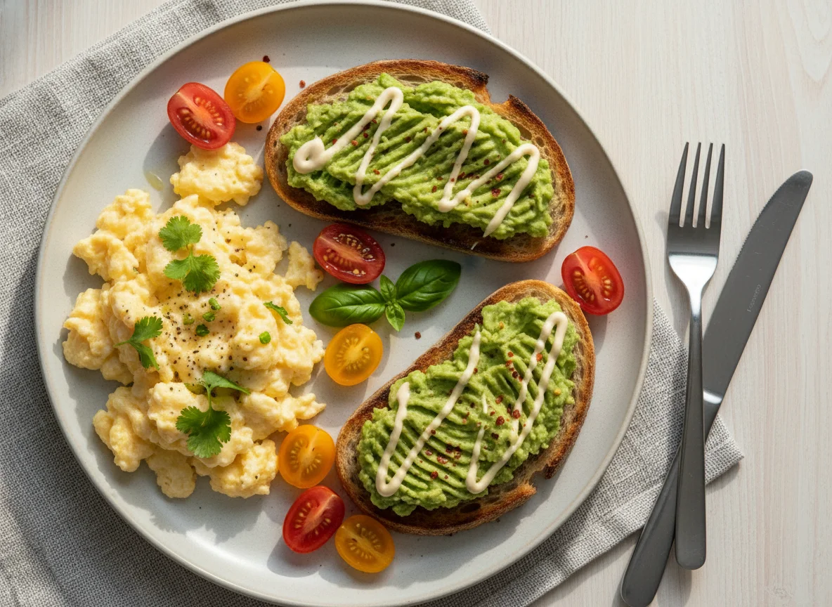Desayuno con huevos revueltos y tostadas de aguacate photo