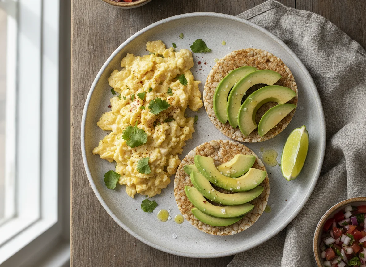 Desayuno con huevos revueltos y tostadas de arroz con aguacate photo
