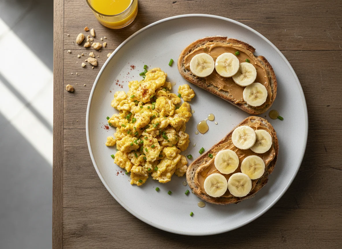 Desayuno con huevos revueltos y tostadas de plátano y crema de cacahuete photo