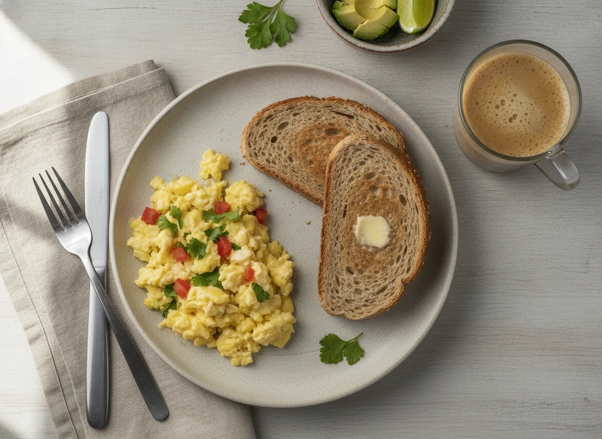 Desayuno con huevos revueltos y tostadas photo