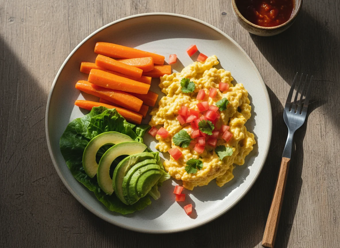 Desayuno con huevos revueltos y vegetales photo