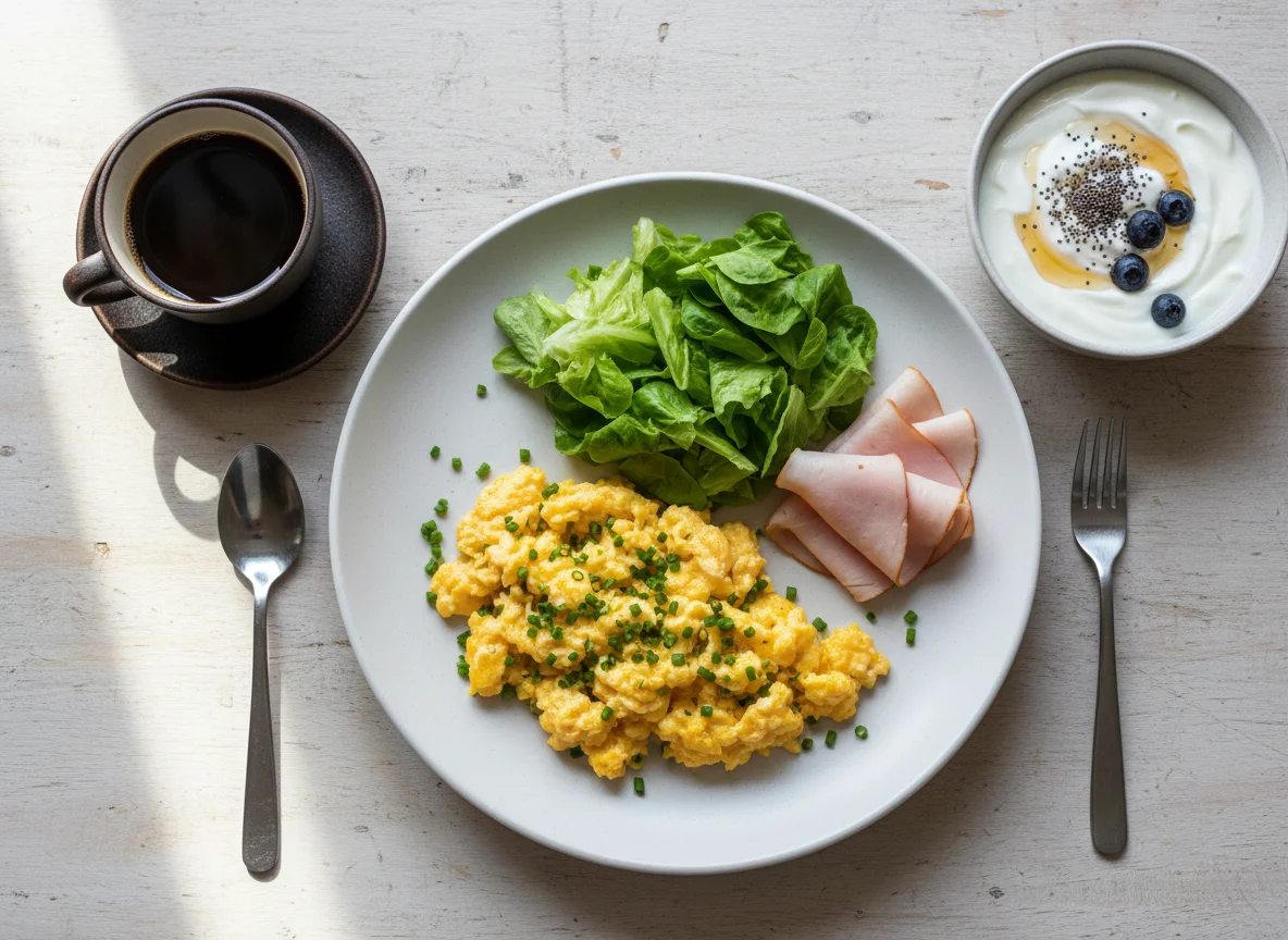 Desayuno con huevos revueltos y yogur photo