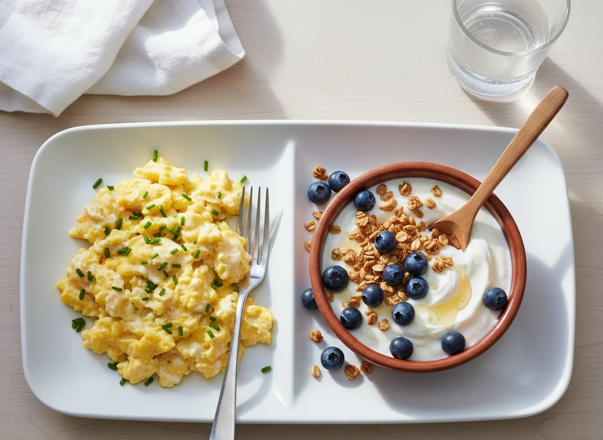 Desayuno con huevos revueltos y yogur con arándanos photo