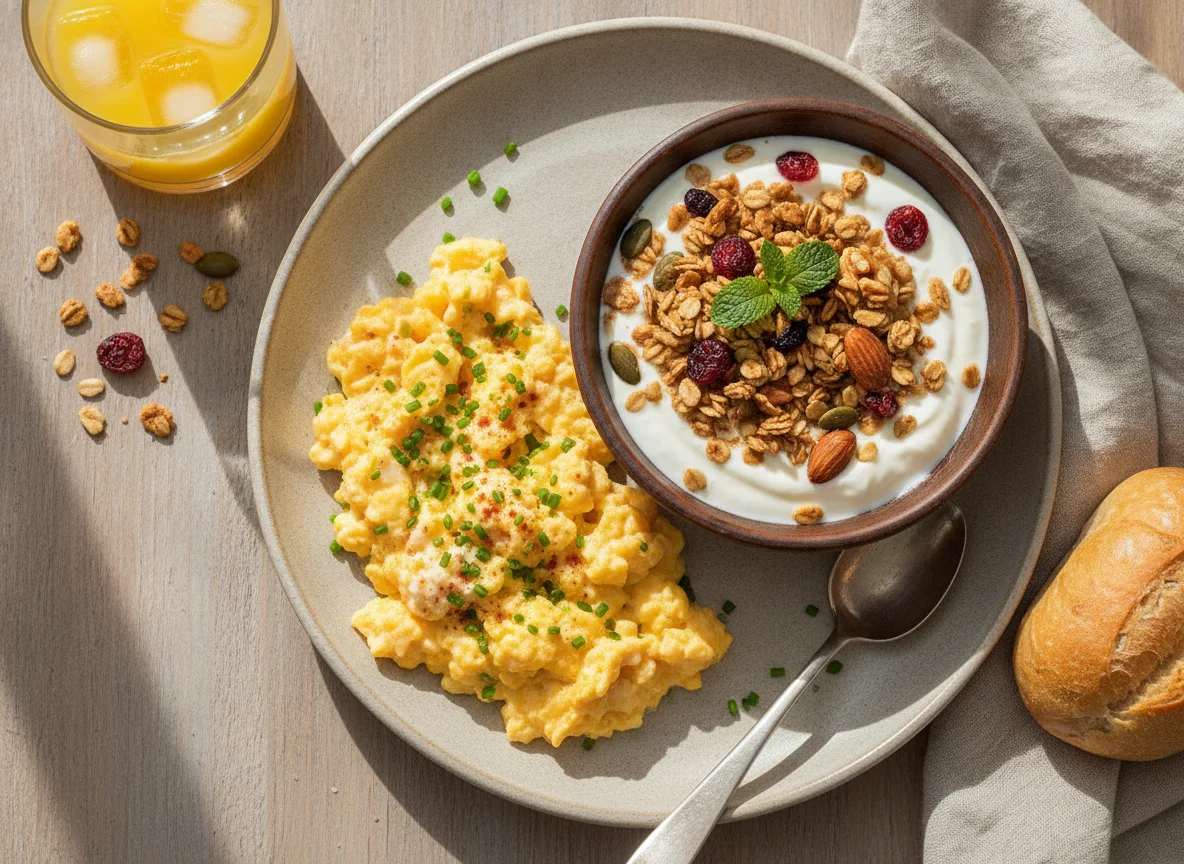 Desayuno con huevos revueltos y yogur con granola photo