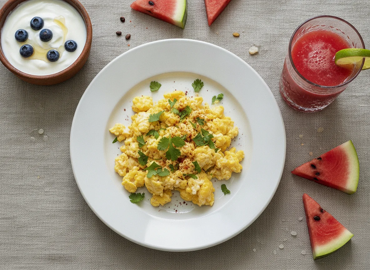 Desayuno con huevos revueltos, yogur y jugo photo