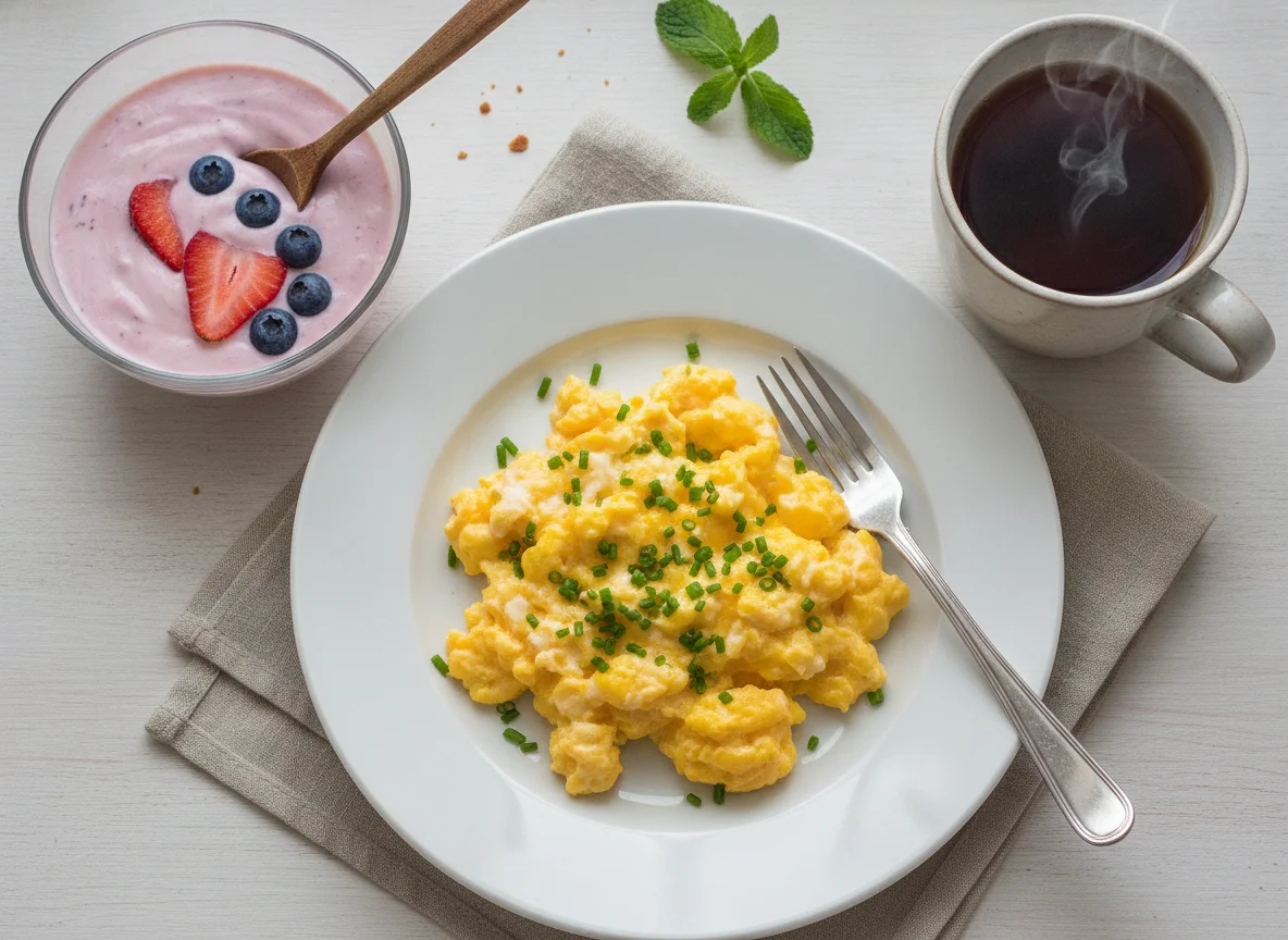 Desayuno con huevos revueltos, yogur y té photo