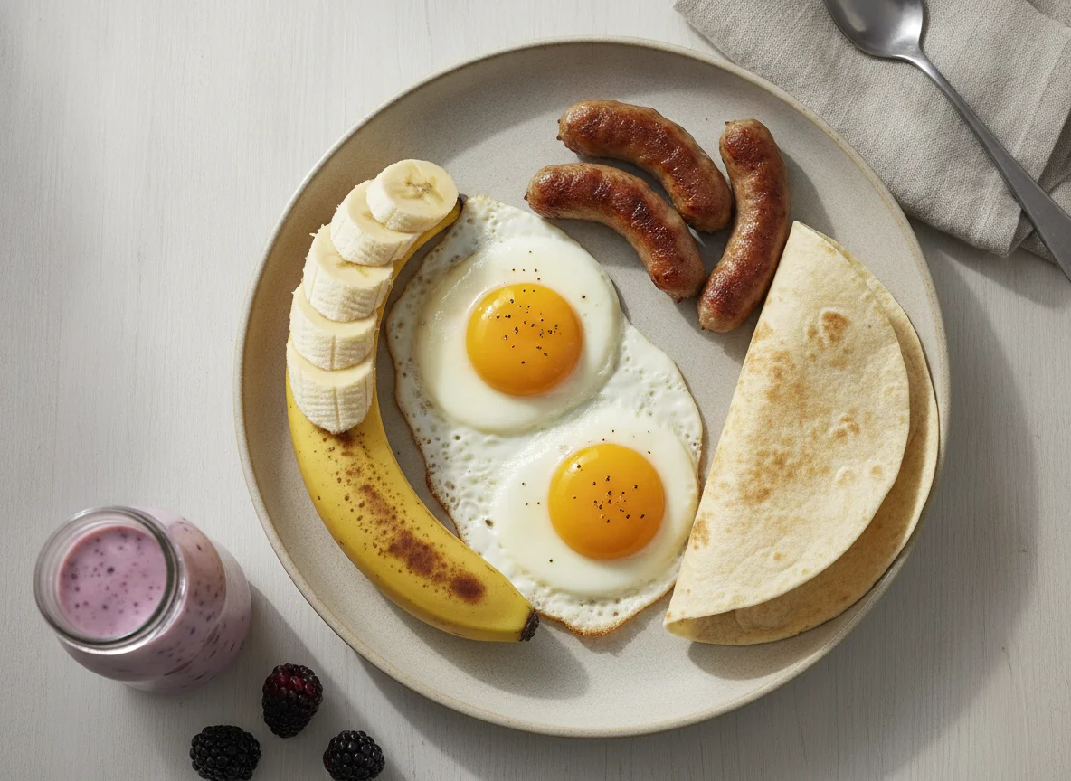 Desayuno con huevos, salchichas, tortilla, plátano y yogurt photo