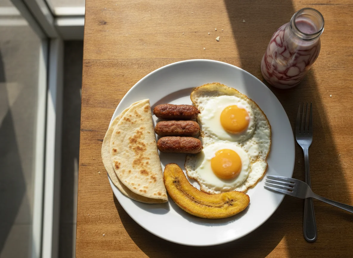 Desayuno con huevos, salchichas, tortilla y plátano photo