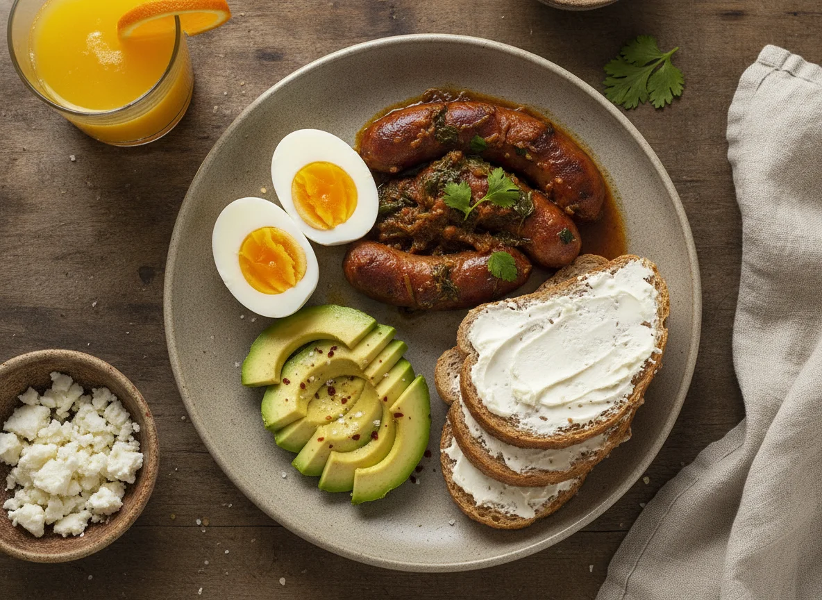 Desayuno con huevos, salchichas y jugo photo