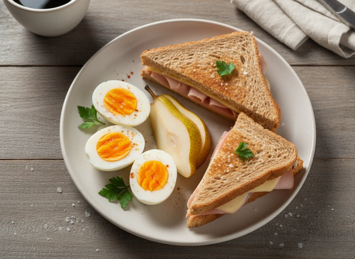 Desayuno con huevos, sándwiches de jamón y queso y pera photo