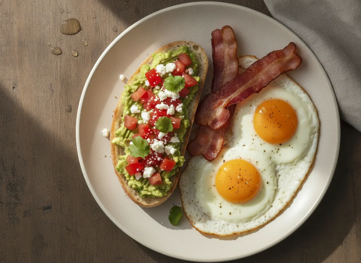 Desayuno con huevos, tocineta y pan con aguacate photo